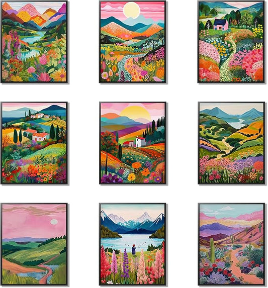 Plant Floral Landscape Wall Art Set of 9, Colorful Abstract Nature Landscape by Unknown