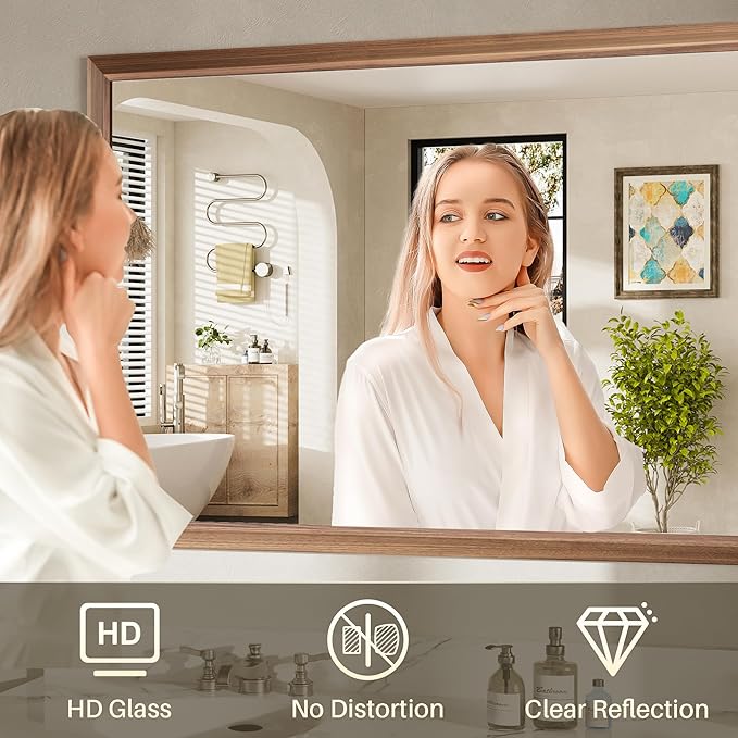 60x36 Inch Bathroom Mirror for Wall, Anti-Rust Walnut Wood Grain Metal Framed - Image 6