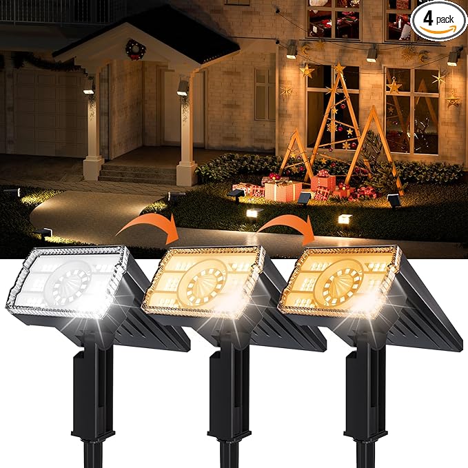 1 Pack Solar Spotlights Outdoor Waterproof IP67,Adjustable Wall&Ground Solar Lights Powered with 3 Colors, 3 Modes, Dusk to Dawn for Pathway/Garden/Yard/Patio/Driveway/Landscape Lighting Outside Décor
