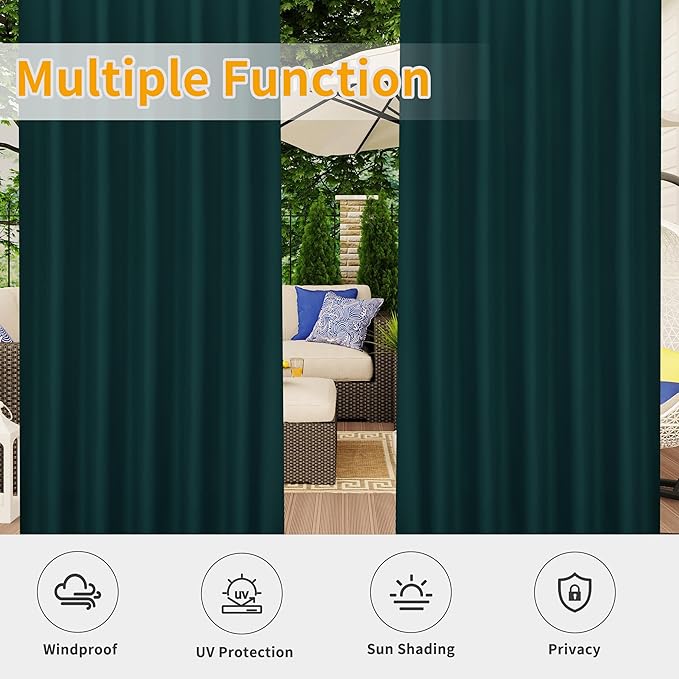 Easy-Going Outdoor Patio Curtains Detachable Tab Top Windproof Weatherproof Curtain for Cabana, Porch, Pergola and Gazebo, Tab Bottom Drape, 2 Panels, 54W x 108L inch, Teal