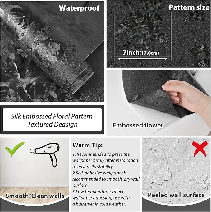 Black Peel and Stick Wallpaper Silk Embossed Floral Contact Paper - Image 2