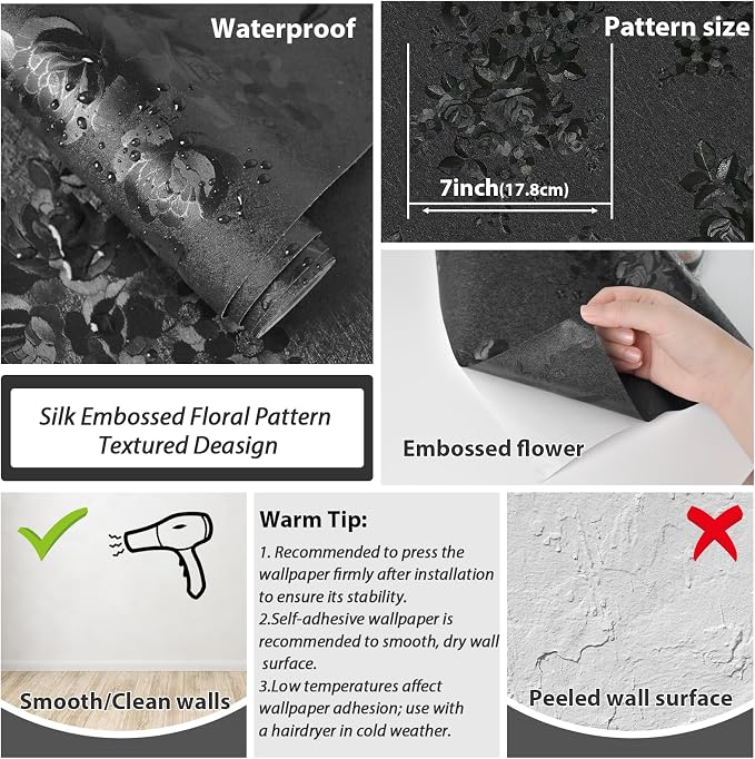 Black Peel and Stick Wallpaper 630inL 17.7inW Silk Embossed Floral Contact Paper - Image 8