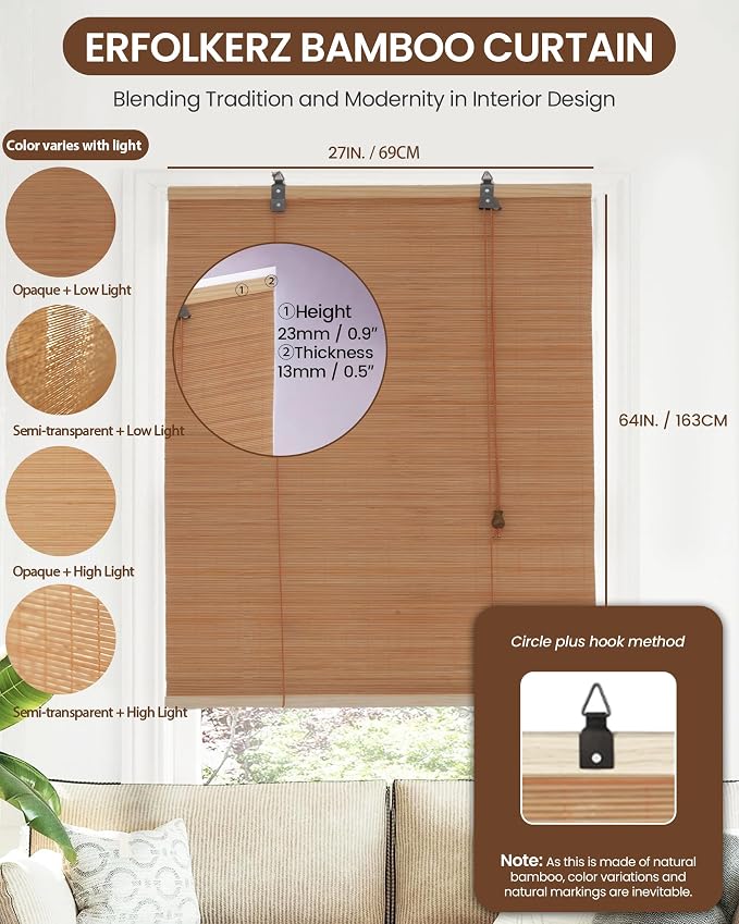 27" Wx64 H Bamboo Blinds Roller Shades - Image 2