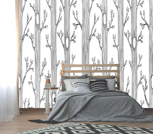 XMPMBM-Hand-Painted Cartoon Grey Tree Fabric Wallpaper Nursery Room Kids by XMPMBM-Wallpaperthatwontpeeloff
