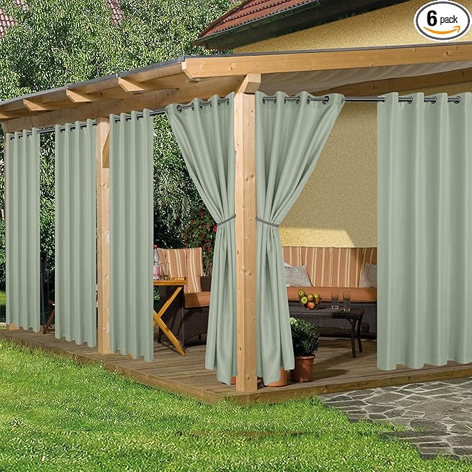 HolidayIdeas Outdoor Curtains for Patio Waterproof, 6 Panels - 54x84 Inches - Weatherproof Privacy Outsides Curtains for Cabana Porch Pergola, Sunlight & UV Blocking (SageGreen, Grommet Top)