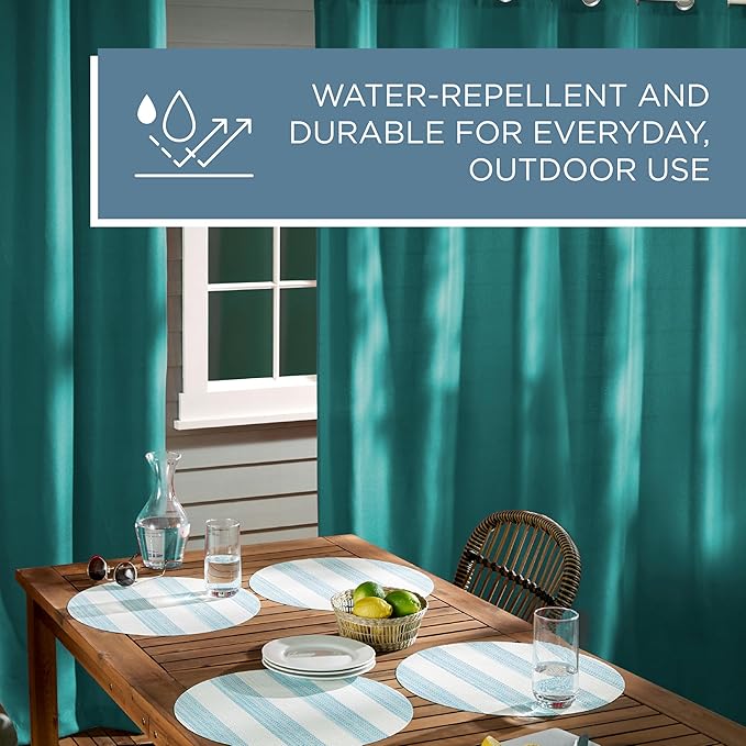 Town & Country Basics Cabana Solid Heavyweight Indoor Outdoor Curtains, Light Filtering Opacity with Grommet Top, Water Repellent, 2-Pack Set, 54"x63", Dark Teal