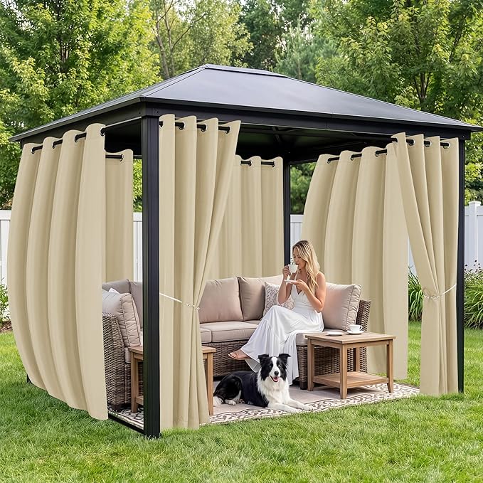 Outdoor Curtains for Patio Waterproof 6 Panels - Windproof, Privacy, Weatherproof Outside Drapes for Gazebo Pergola Porch, Grommet Top and Tab Bottom, 54x120 Inch, Cream