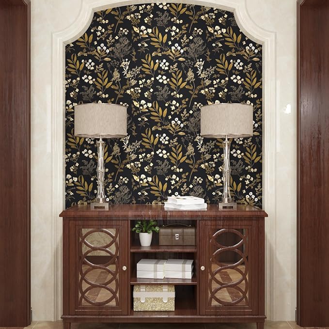 Laatse Black Gold Wallpaper Peel and Stick Dark Floral Wallpaper 17.5in x 118in - Image 2