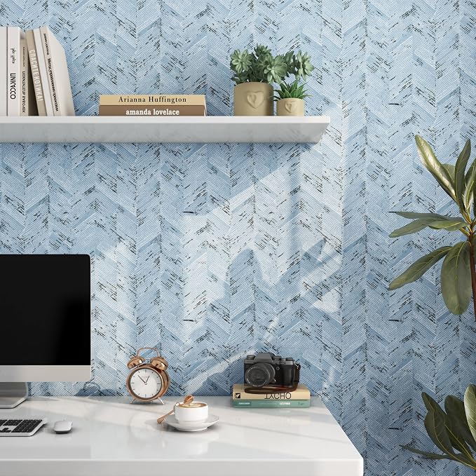 Livelynine Blue Fabric Wallpaper Peel and Stick Prepasted Herringbone Faux - Image 2