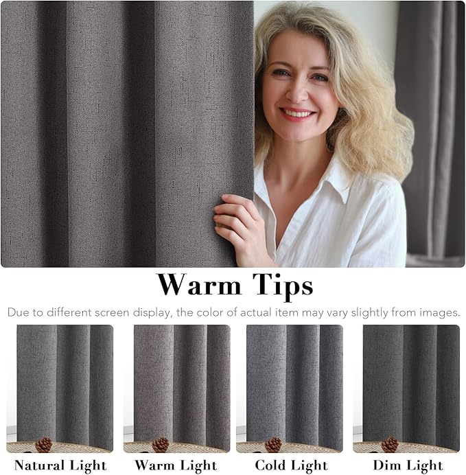 H.VERSAILTEX Linen Blackout Curtains 84 Inches Long 100% Absolutely Blackout Thermal Insulated Textured Linen Look Curtain Draperies Anti-Rust Grommet, Energy Saving with White Liner, 2 Panels, Grey