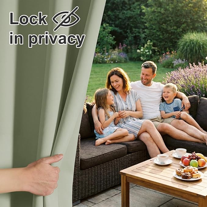 RYB HOME Outdoor Curtains for Patio Waterproof Block Sunlight Thermal Insulated Privacy Assured Thick Outside Curtains for Porch, Gazebo, Pergola, W52 x L95, Sage Green, 1 Panel