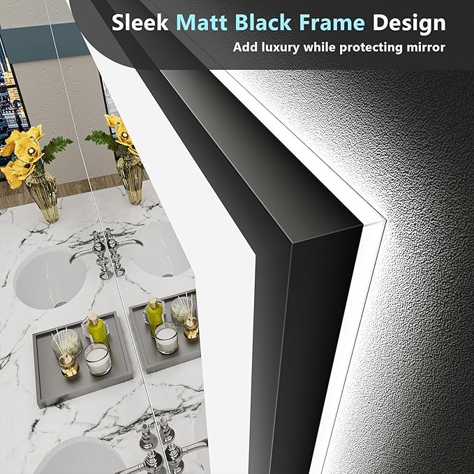 84x32 Black Framed LED Bathroom Mirror - Image 3