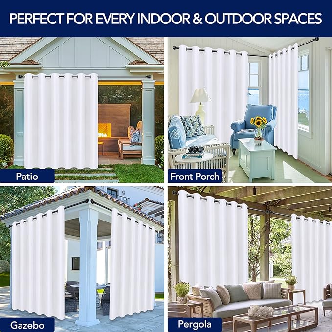 PureFit Outdoor Curtains for Patio Waterproof Weatherproof, UV Resistant Outside Curtains for Gazebo, Front Porch, Pergola, Sun Blocking Privacy Curtain, 100W x 95L inch, 1 Panel, White