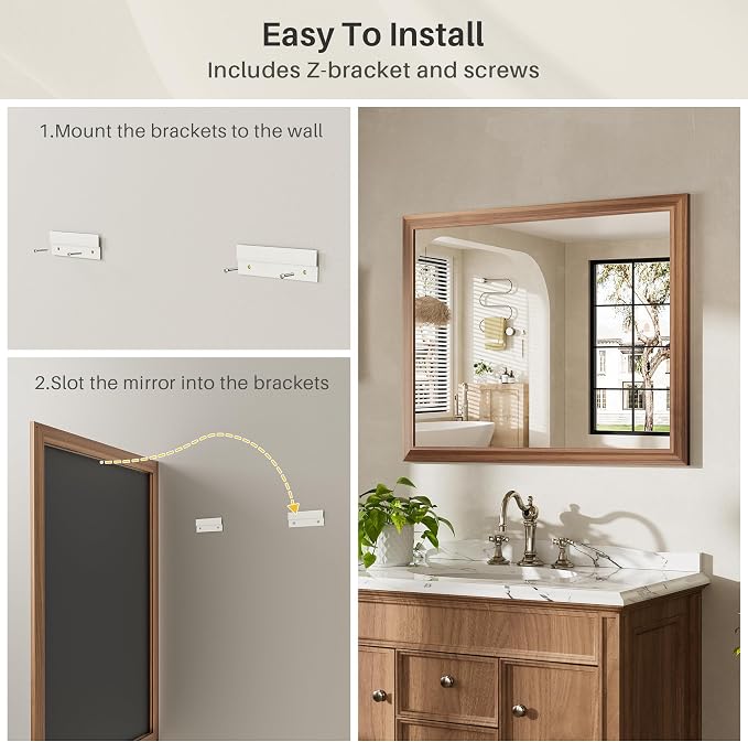 48x36 Inch Bathroom Mirror for Wall, Anti-Rust Walnut Wood Grain Metal Framed - Image 5