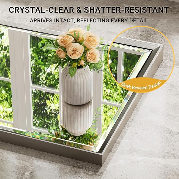 Brushed Nickel Bathroom Mirror, 22x30 Inch Beveled Framed Bathroom Mirror - Image 3