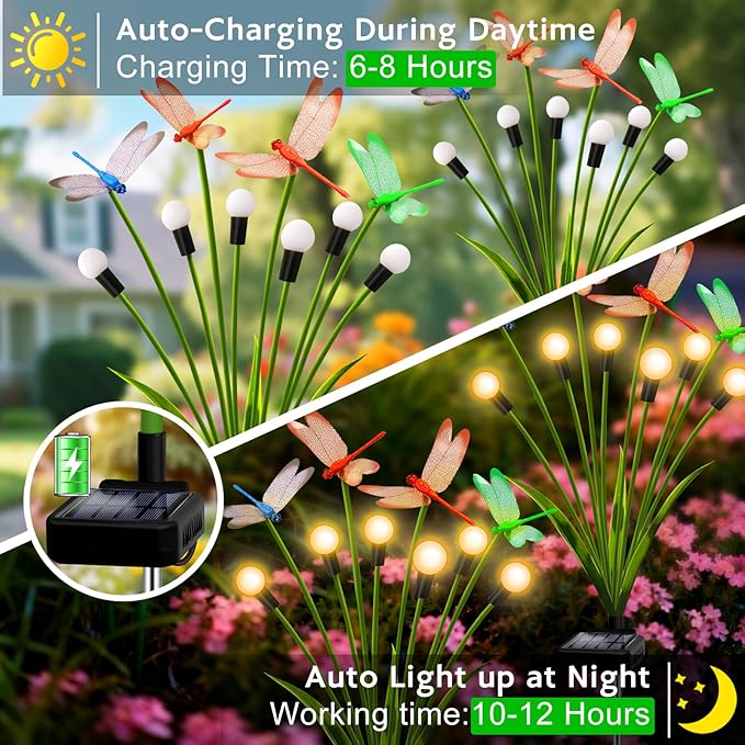 Solar Garden Lights Outdoor - 8 Pack Dragonfly Solar Swaying Light, Sway by Wind, Firefly Lights Outdoor Yard Patio Pathway Decoration, Big Bulb, High Flexibility Iron Wire & Realistic Dragonflies