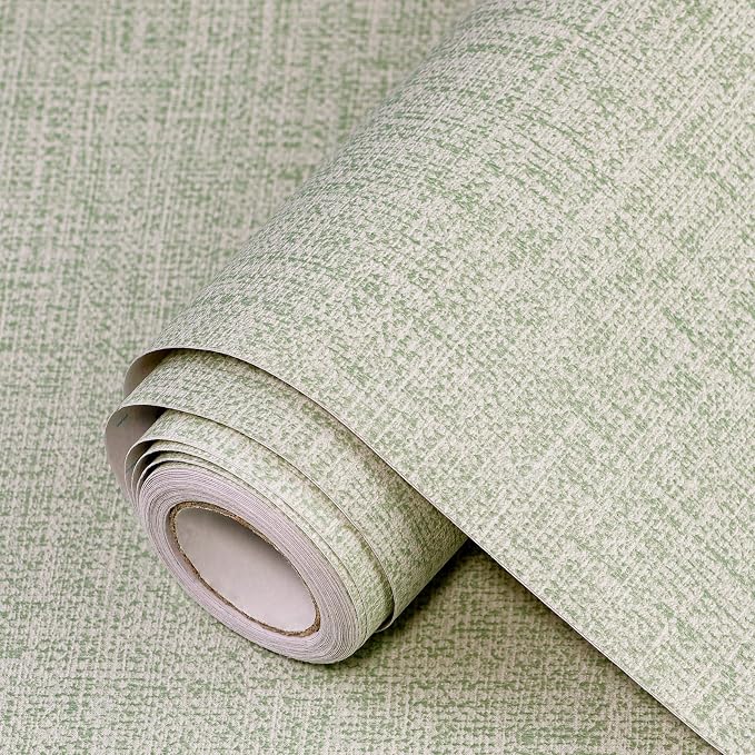 Green Grasscloth Wallpaper 17.3"x160" Faux Linen Textured Contact Paper by Uooar