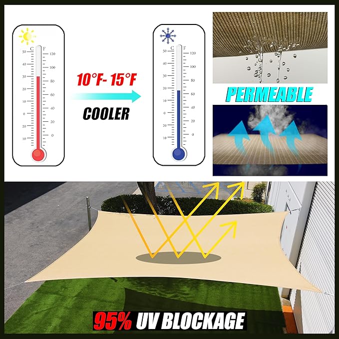 Royal Shade 10' x 20' Beige Rectangle Sun Shade Sail Canopy Outdoor Patio Fabric Screen Awning RTAPR1020 - UPF50+ 95% UV Blockage, Heavy Duty, Water & Air Permeable (We Make Custom Size)
