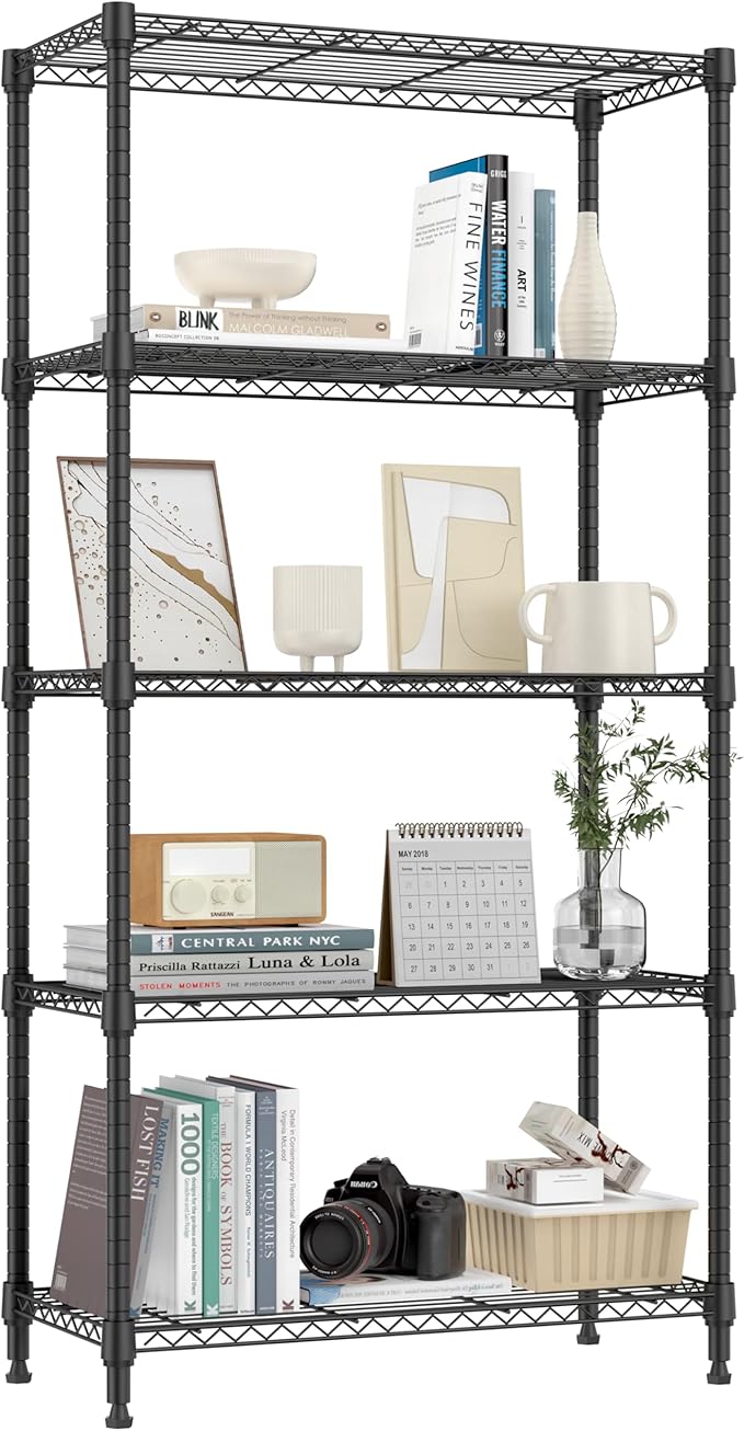 1250 lbs 5 Tier Shelf Metal Storage Shelves Shelving Wire Rack Heavy Duty Closet Organizers for Garage Kitchen Bathroom Laundry Black 13.8" D x 29.5" W x 59.5" H