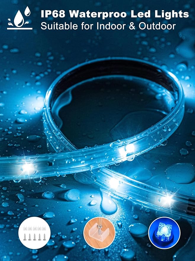 Outdoor Led Strip Lights Waterproof 98ft (1 Roll), Ip65 Outside Led Light Strip Waterproof with Remote and App Control, Exterior Led Rope Lights Music Syne RGB Strip Lights for Bedroom Decor