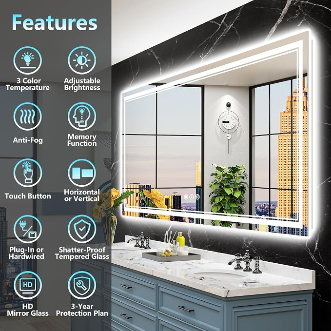 84x32 LED Bathroom Mirror with Lights, Backlit and Front Lit Anti-Fog Lighted - Image 2