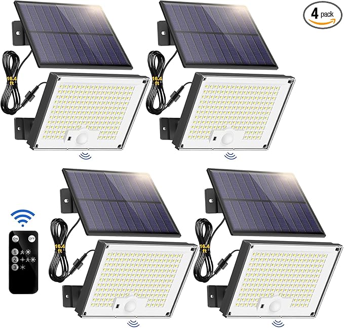 Outdoor Solar Lights, Split Solar Motion Sensor Outdoor Lights with Remote Control, IP65 Waterproof Solar Lights, 172LED 3Modes Solar Flood Lights for Yard,Patio,Garden,Garage, 4 Pack