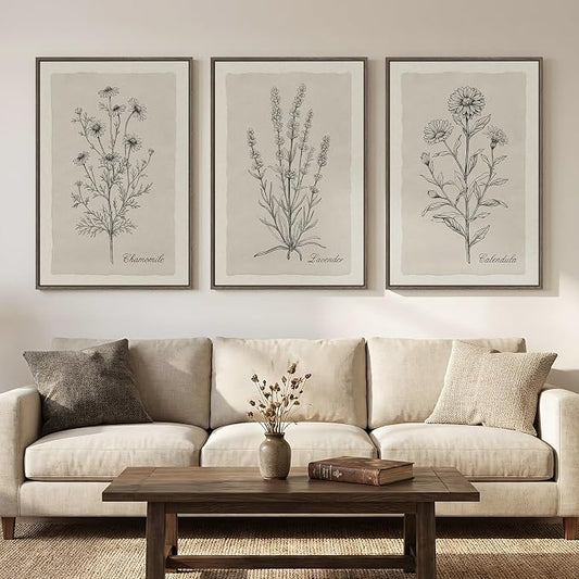 Framed Farmhouse Botanical Canvas Wall Art Set of 3, Large Vintage Neutral by MXART