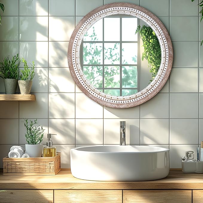 Reflinto 24 Inch Boho Wooden Round Mirror - Image 2