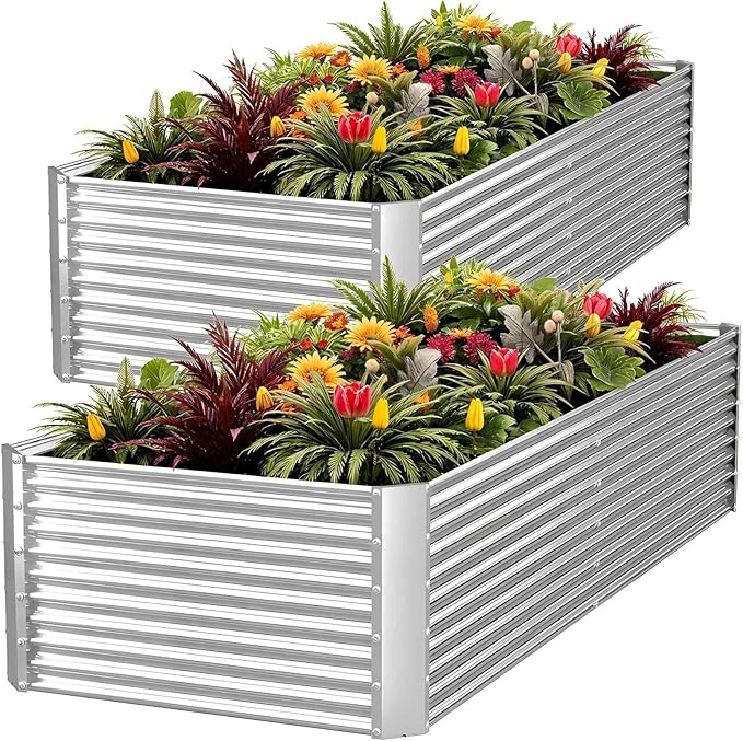 FRIZIONE 2pcs Tall 8x3x1.5ft Galvanized Raised Garden Bed Outdoor,Steel Garden Bed for Vegetables,Above Ground Garden Box for Flower,Metal Raised Beds for Gardening