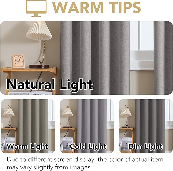H.VERSAILTEX Linen Curtains 100% Blackout Curtains for Bedroom 84 inch Long Full Light Blocking Nature Linen Blended Window Curtains for Living Room Nickel Grommet (2 Panels, Heathered Dove)