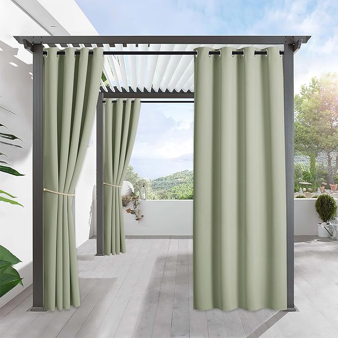 RYB HOME Outdoor Curtains for Patio Waterproof Block Sunlight Thermal Insulated Privacy Assured Thick Outside Curtains for Porch, Gazebo, Pergola, W52 x L95, Sage Green, 1 Panel