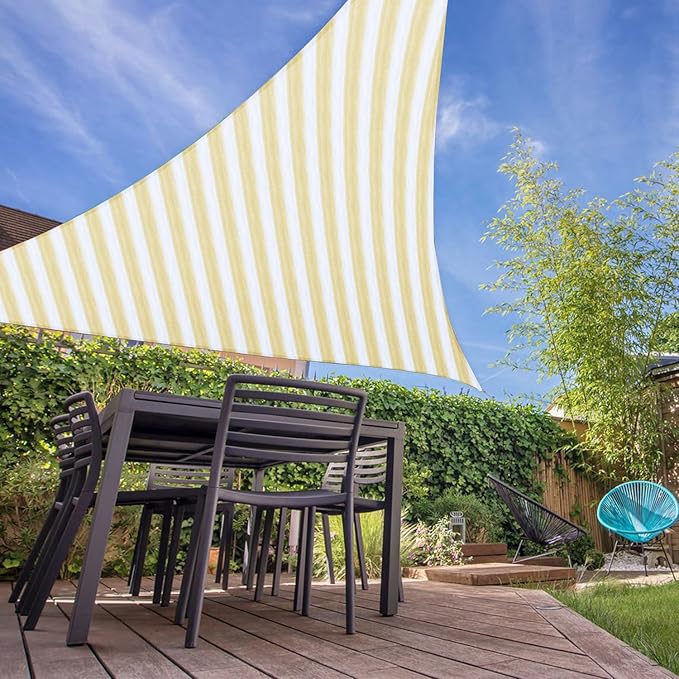 E&K Sunrise 25' x 25' x 25' Sun Shade Sail Triangle Canopy Shade Cover UV Block for Patio Backyard Garden Outdoor (Beige White Strip)