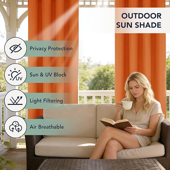 Patio Curtains Outdoor Waterproof - 6 Panels Privacy Weatherproof Outside Curtains with Grommets for Pergola, Gazebo, Porch, Cabana, Balcony, 54 x 95 Inch, Mecca Orange