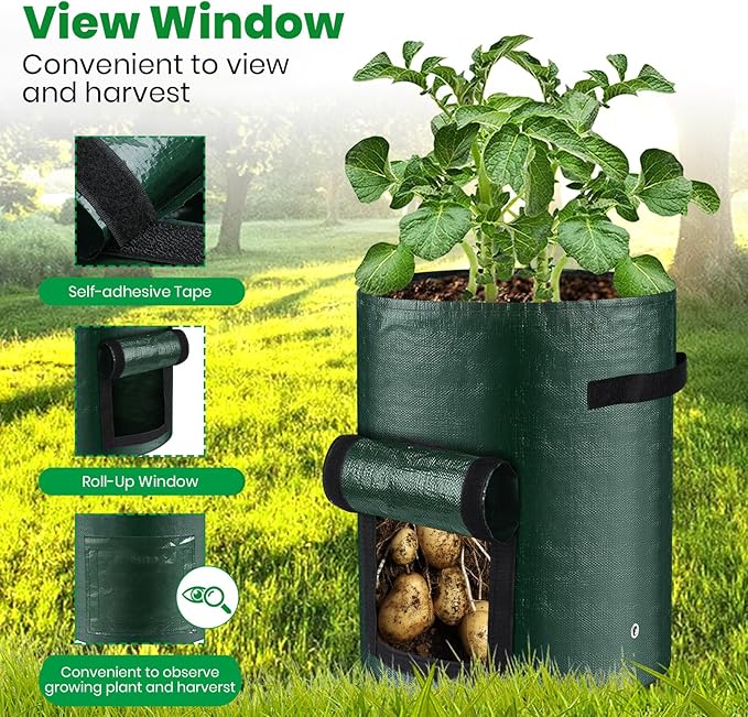 10 Gallon 3-Pack Potato Grow Bags, Heavy Duty PE Fabric Pots with Flap and Handles, Green Planter Bags for Potato Vegetables Outdoor Garden, 17.7''x13.8'' Large for All Plants Growing