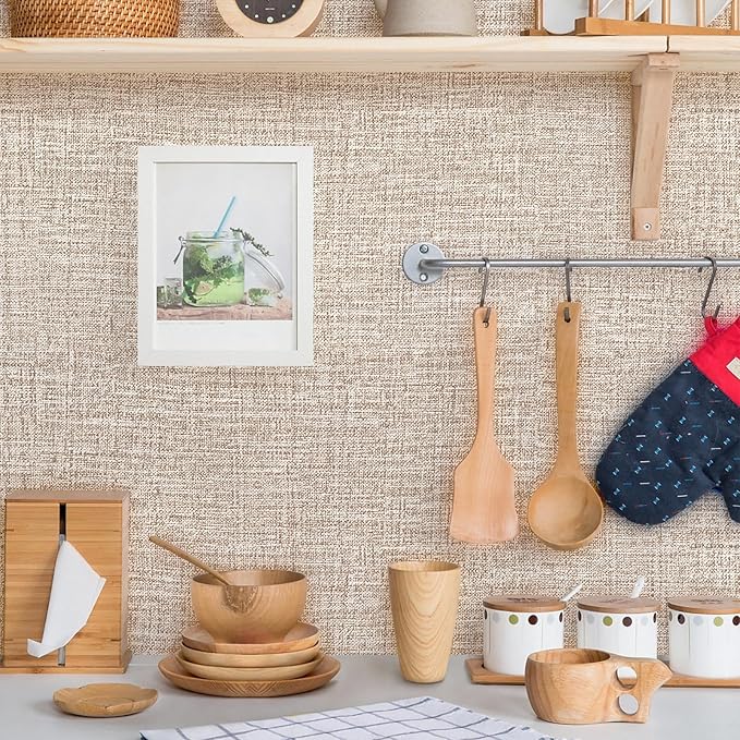 Khaki Grasscloth Peel and Stick Wallpaper 17.3"x300" Faux Linen Textured - Image 3