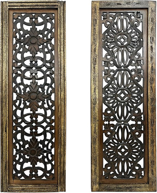 Floral Hand Carved Wooden Wall Panels Set of 2, Rustic Brown Decorative Wall Art by TUPTHEURBANPORT