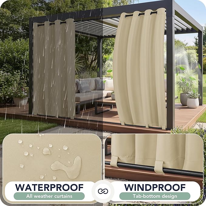 Outdoor Curtains for Patio Waterproof 6 Panels - Windproof, Privacy, Weatherproof Outside Drapes for Gazebo Pergola Porch, Grommet Top and Tab Bottom, 54x120 Inch, Cream