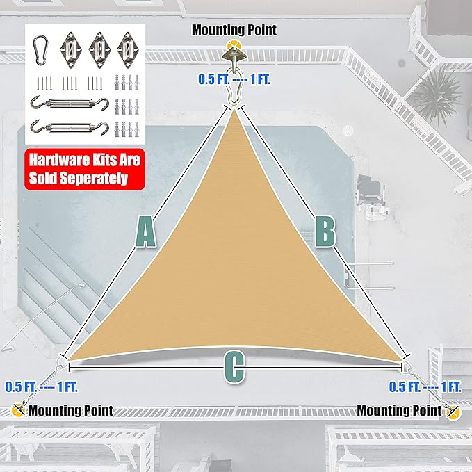 Amgo 22' x 22' x 22' Sand Beige Triangle Sun Shade Sail Outdoor Canopy Awning UPF50+ AGTAPRT12, 95% UV Blockage, Water & Air Permeable, Commercial Standard Heavy Duty (We Make Custom Size)