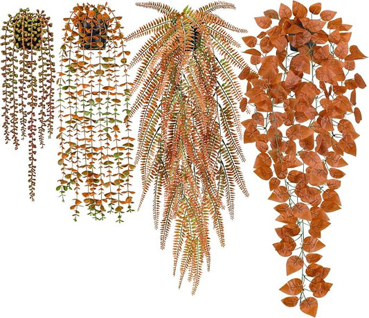 Der Rose 4Pcs Fake Fall Plants Hanging Orange Artificial Eucalyptus Plants by DerRose