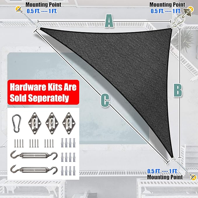 Amgo Custom Size 8' x 12' x 14.4' Black Right Triangle Sun Shade Sail Order to Make Canopy Awning UPF50+ AGSLT, 95% UV Blockage, Water & Air Permeable, 200GSM Commercial Standard (We Customize)