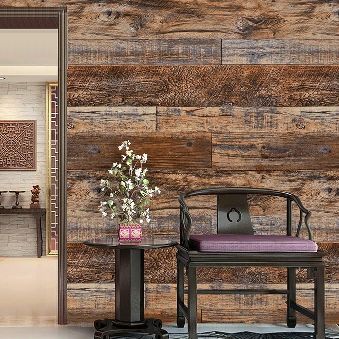 WENMER 11.8" x 394" Brown Wood Wallpaper Peel and Stick Wallpaper Shiplap Self - Image 2