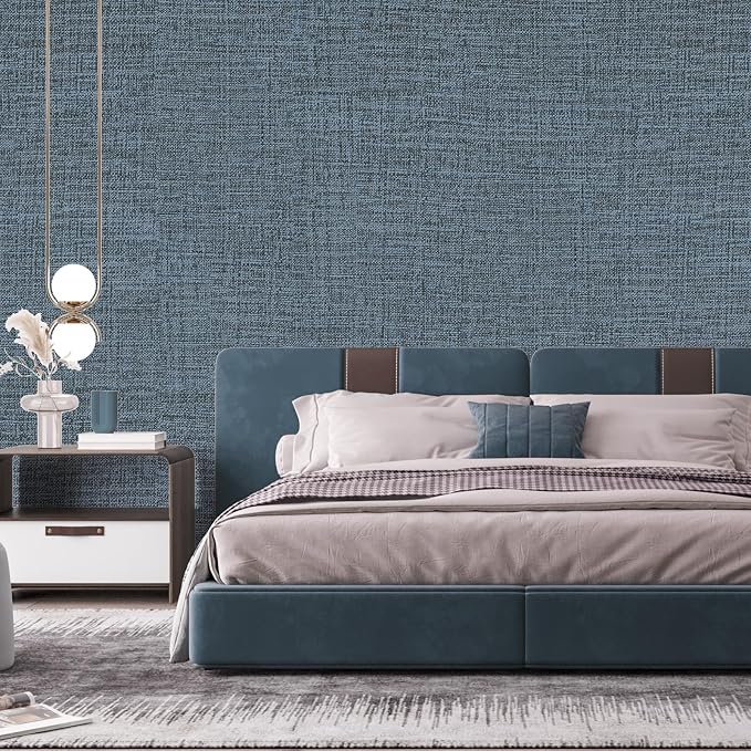 Blue Gray Grasscloth Peel and Stick Wallpaper 17.3"x1200" Faux Linen Textured - Image 7