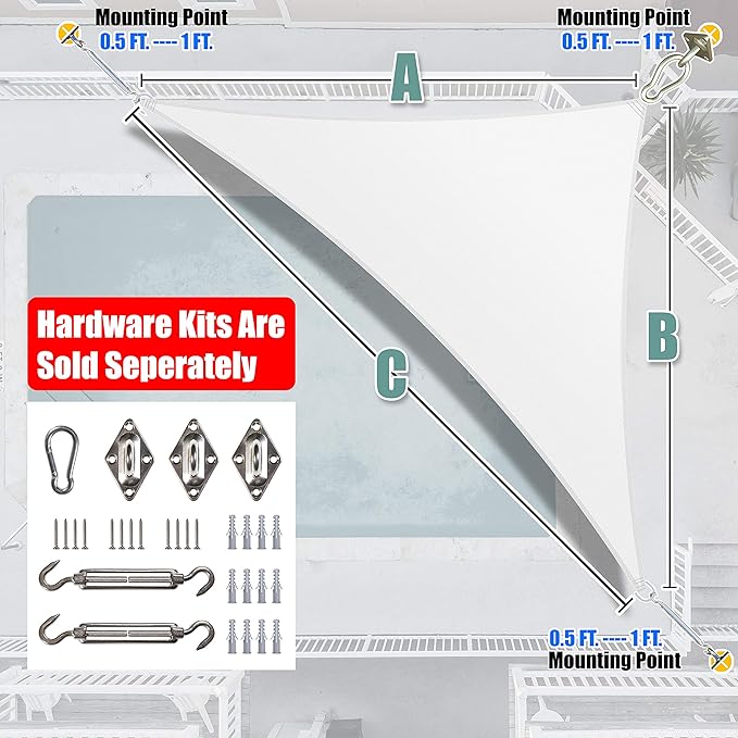 Amgo Custom Size 11' x 19' x 22' White Right Triangle Sun Shade Sail UPF50+ AGTAPRT12, Order to Make Canopy Awning, 95% UV Blockage, Water & Air Permeable, Commercial Standard (We Customize)