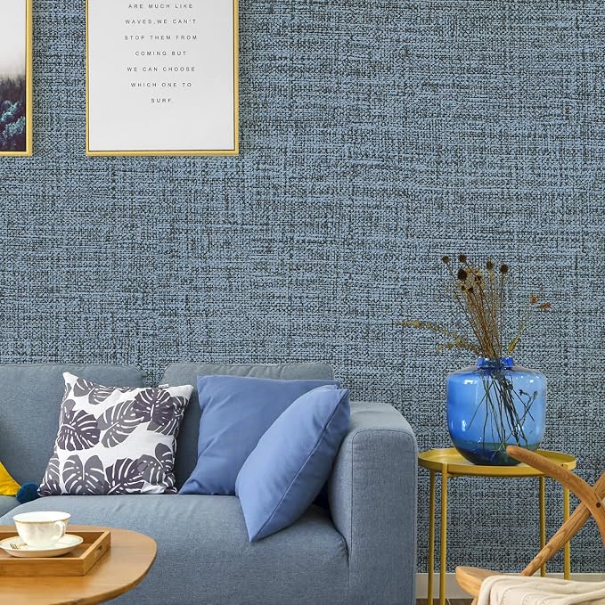 Blue Gray Grasscloth Peel and Stick Wallpaper 17.3"x120" Faux Linen Textured - Image 5