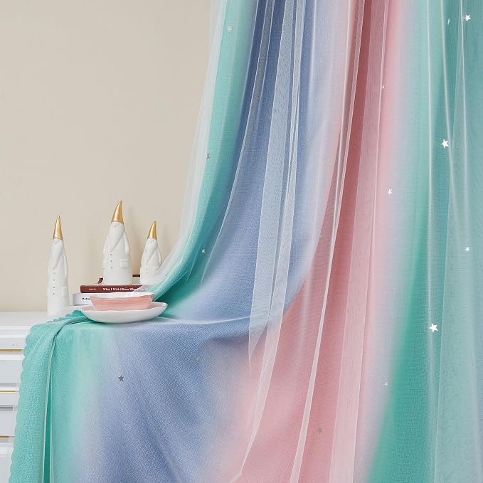 XiDi Curtains for Bedroom Decor, Rainbow Pinkgreen grey34/45 by Addsomecolortolife