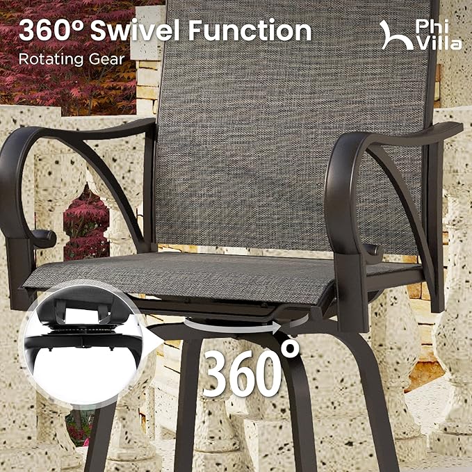 PHI VILLA Outdoor Patio Swivel Bar Set of 3, Textilene Furniture Bistro Set with 2 Bar Stools and Square Patio Bar Table for Garden Lawn Yard