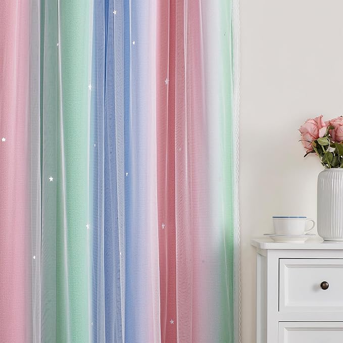XiDi Curtains for Bedroom Decor, Rainbow Pink GreenBlue52/45/1 - Image 2