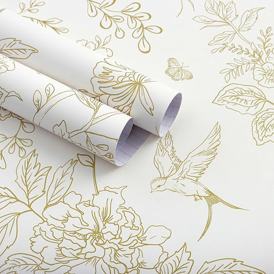 Froluya Cream White and Gold Floral Wallpaper Peel and Stick Wallpaper by Froluya
