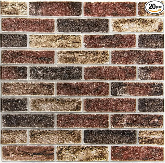 Art3d 20-Pack 105 Sq.Ft Faux Brick 3D Wall Panels Peel and Stick in Red Brown by Art3d