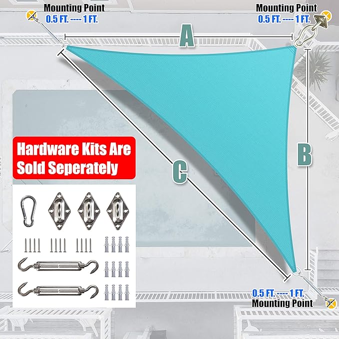 Amgo Custom Size 13' x 13' x 18.4' Turquoise Triangle Sun Shade Sail UPF50+ AGTAPRT12, Order to Make Canopy Awning, 95% UV Blockage, Water & Air Permeable, Commercial Standard (We Customize)